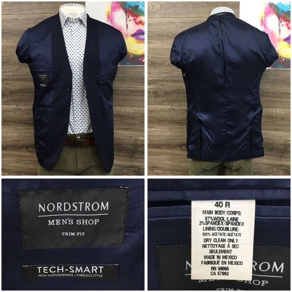 NORDSTROM Mens Blazer Sport Coat Casual Jacket‎ Size 40R Trim Fit Blue Wool Suit